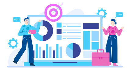 Two individuals analyze data on a big screen with various charts and graphs. Suitable for presentations, business reports, financial concepts.