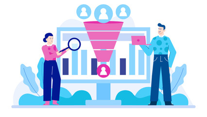 Two people analyzing data with a sales funnel, suitable for marketing and business related projects that require data analysis visuals.