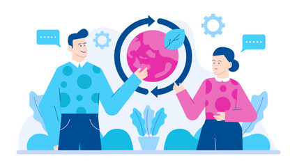 Man and woman pointing at a circular pink earth, symbolizing global teamwork or environmental awareness. Suitable for ecofriendly campaigns or international collaborations.