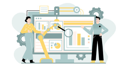 Woman and man studying computer screen with graphs and charts. Great for business presentations, financial reports, research, and analysis.