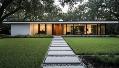 Modern one-storey house with flat roof, white stucco, wood accents, and pathway 1. Generative AI