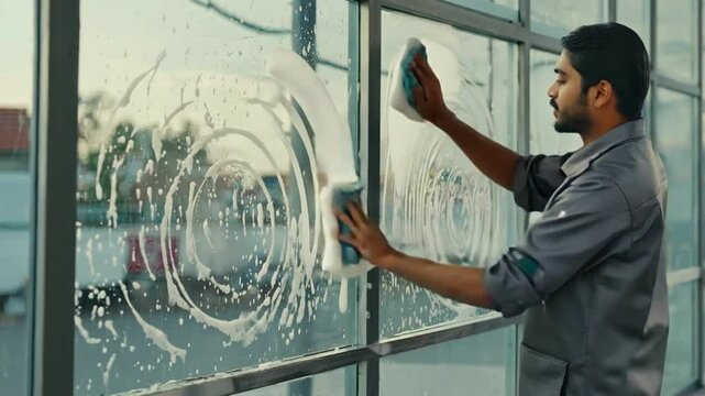 Man Cleaning a Large Window: A man diligently cleans a large window, using a cleaning cloth and soapy water.
