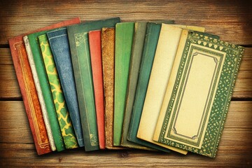 Stack of vintage books with diverse colorful covers