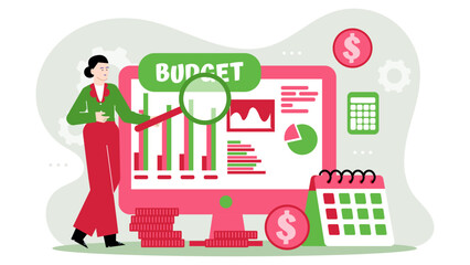 Woman analyzing budget with graphs/charts. Suitable for finance/business websites, articles, presentations, or educational materials about budgeting and financial analysis.