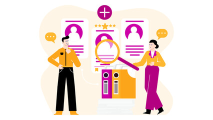 Man and woman in office setting, analyzing resumes and documents. Suitable for HR, recruiting, job search, teamwork, diverse workforce concepts.