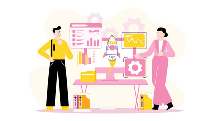 Man and woman by desk with computer and rocket. product development and marketing strategy