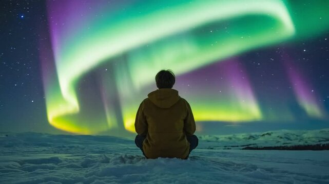 Awe-Inspiring Aurora: A lone figure sits, gazing in wonder at the ethereal aurora borealis dancing across the night sky, a spectacle of natural beauty.