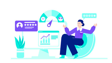 Person analyzing data on computer screen with graph and star rating meter. Suitable for business, analytics, technology concepts.