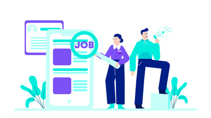 Two people on website searching for job, online employment concept, job search platform, digital recruitment, diverse candidates. Suitable for web design projects.