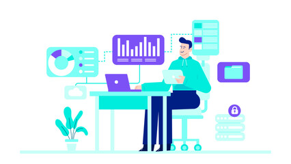 Man working at a desk with laptop, graphs, and folder. Suitable for business, finance, work from home, and technology concepts.