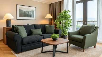 Luxurious living room interior with dark sofa and green armchair.