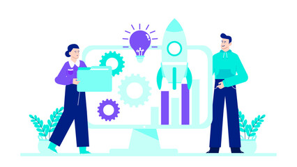 Collaborative innovation concept with people, light bulb, gears, rocket, graph, and plants. Suitable for business and technology presentations or designs.