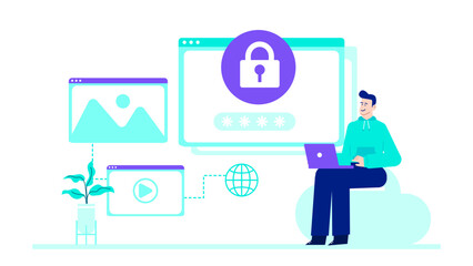 Man using laptop with password and lock on screen. Suitable for cybersecurity or online privacy concepts in business presentations.