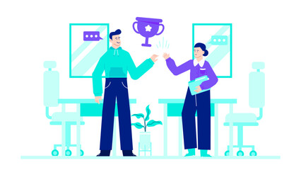 Two people celebrate with trophy in hand; great for business success, teamwork, victory, achievement, goal, happiness, award concepts.