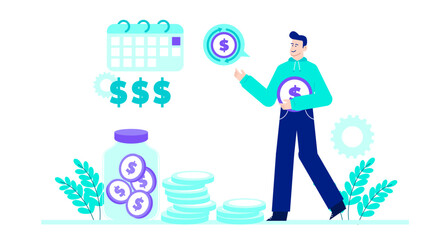 Man holds dollar sign by money jar, calendar, and coins. Perfect for financial planning and savings concepts in visual content.