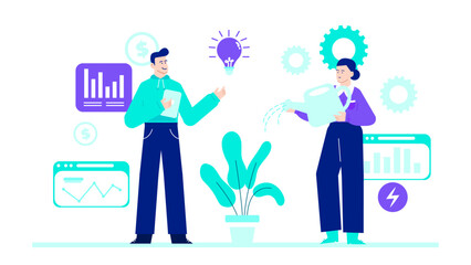 Two people near charts and a plant with a lightbulb, suitable for business presentations, teamwork concepts, brainstorming sessions, and creativity.
