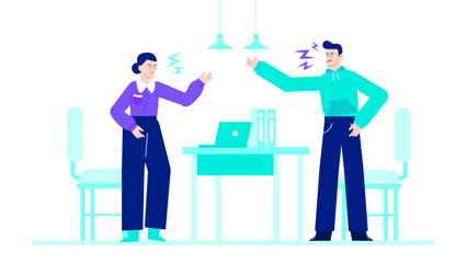 Two people arguing in office, suitable for business concepts, conflict resolution, workplace dynamics, communication skills training, and corporate presentations.