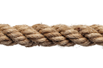 Close-up of thick brown twisted rope with textured fibers on black background, cut out