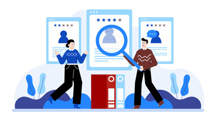 Man and woman reading online reviews. Suitable for digital marketing, consumer behavior analysis, ecommerce promotional materials, customer feedback concepts.