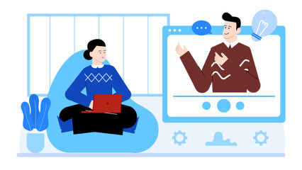 Woman absorbed in watching a virtual presentation on creative concepts. Perfect for webinars, online courses, business presentations, and educational materials.