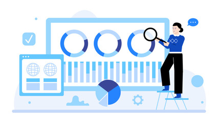 Person analyzing data with magnifying glass, perfect for financial reports, business presentations, market analysis, data visualization concepts.