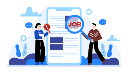Two people browsing job listings on a laptop, seeking employment opportunity. Suitable for career websites, job boards, recruitment agencies.