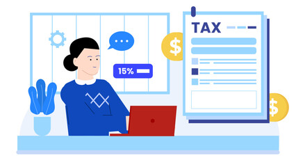 Woman working on laptop next to tax form. Suitable for finance, tax preparation, online work, business concept visuals.
