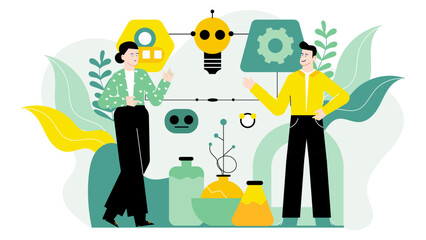 Two people standing next to a colorful illustration, great for portraying teamwork, collaboration, creativity, or diversity in various projects.