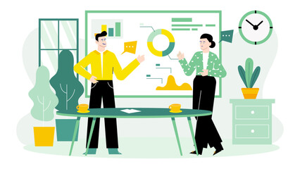 Two people with chart at a table, discussing business plan. Suitable for business meetings, teamwork, collaboration, and strategy concepts.