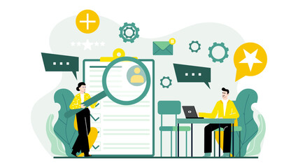 Woman using magnifying glass on checklist, suitable for business and organization concepts, search for details and planning themes.