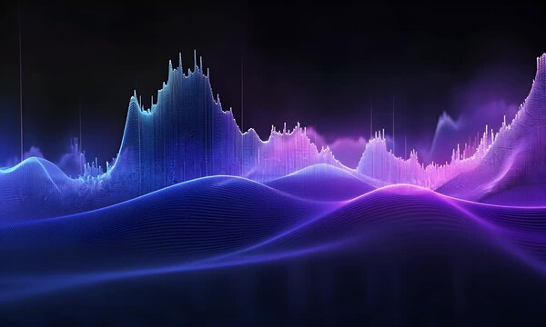 A purple and blue gradient data chart background with sound waves, against a black background. It has an animated feel, is modern in design, uses a digital art style, - Powered by Adobe