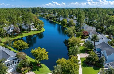 An aerial view of the Florida community with its residential houses and lush greenery, showcasing large lakes in between them.