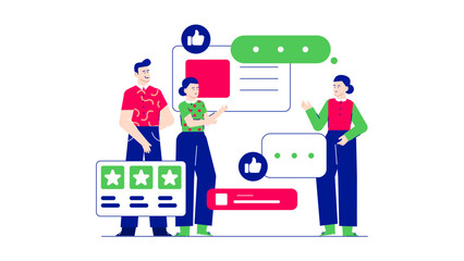 Three people discussing feedback with three stars, suitable for feedback discussions in business, rating systems, performance evaluation, and reviews.