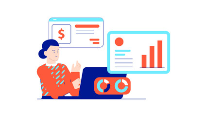 Woman working on laptop with graphs and dollar sign, suitable for financial blogs, business presentations, marketing materials, and web design.