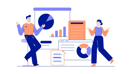 Two people analyzing a chart, suitable for illustrating financial discussions, business presentations, and teamwork collaborations in an office setting.