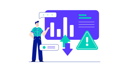 Man pointing at a graph showing arrows and a warning sign, ideal for business presentations and financial analysis concepts.