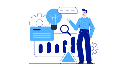 Man analyzing the connection between innovation (lightbulb) and progress (graph) in business concept. Suitable for presentations, infographics, and marketing materials.