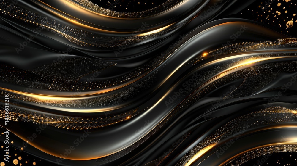 Poster elegant picture of gold light sparkling particles scattered across a deep black background, create a