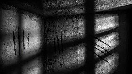 Dark, atmospheric corner of a room with claw marks on the wall, shadows cast by bars above