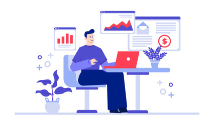 Man sits at a desk working on a laptop. Suitable for office, business, work from home, technology, and freelance concepts.