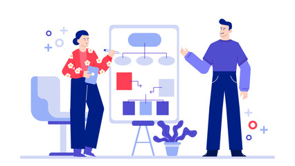 Ideal for business presentations, education materials, or teamwork concepts. Two individuals by whiteboard with a diagram in office setting.