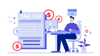 Man at desk filing taxes. Suitable for financial concepts, tax preparation services, accounting websites, and business consulting materials.