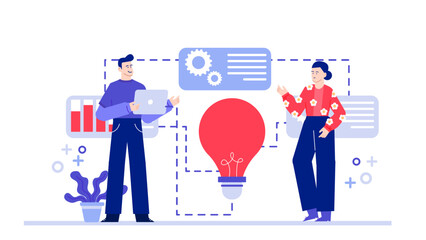 Two people having a brainstorming session, discussing a new idea for a project or business. Suitable for teamwork or innovation concepts.