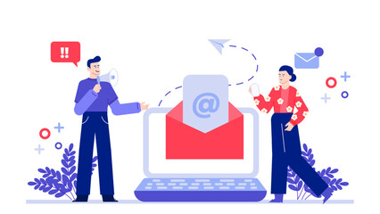 Man shouting at woman on phone near laptop, using a megaphone. Suitable for communication, technology, conflict, workplace, disruption concepts.