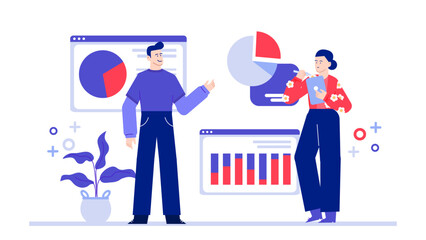 Two people stand in front of a screen displaying charts, perfect for illustrating teamwork, data analysis, business collaboration, and technology.