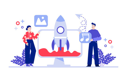 Computer screen displaying a rocket launch. Suitable for technology or innovation concepts in presentations, websites, or marketing materials.