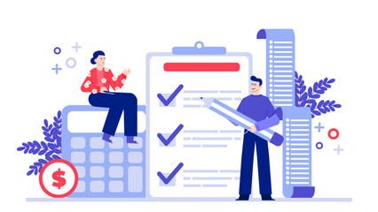 Two people using a checklist, calculator, and long list, ideal for business, financial planning, organization, teamwork, office environment.