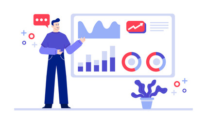Business decision making with strategy chart. Man presenting data on whiteboard. Ideal for articles, reports, blogs, and video presentations on analytics.