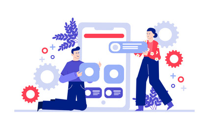 Two people collaborating on a mobile app design project. Suitable for technology blogs, business presentations, software development websites.