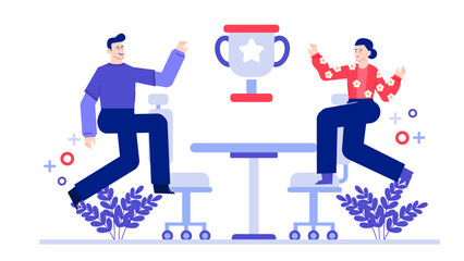 Two people celebrate success with a trophy and plants. Perfect for business, achievements, teamwork, goals, victory, rewards, and celebration concepts.